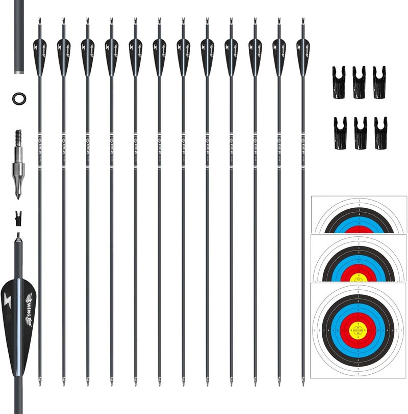 e5e10 31inch Carbon Arrow Archery Targeting Practice Hunting Arrows for Compound & Recurve Bow with Removable Tips(Pack of 12) - Image 1